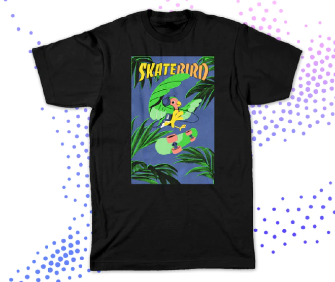 a t-shirt with cool bird skateboarding art